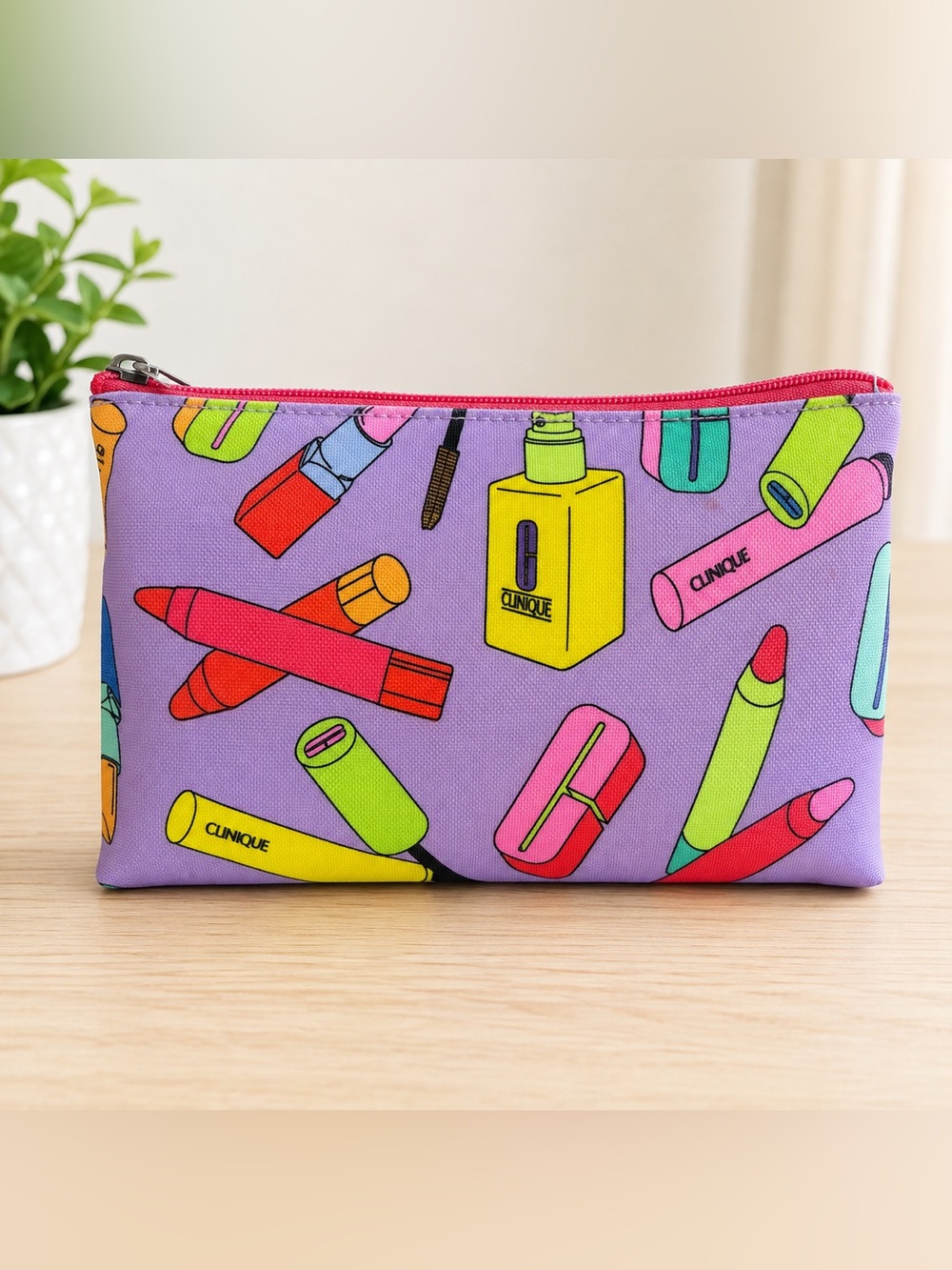Clinique Purple Cosmetic Pouch with Neon Makeup Prints